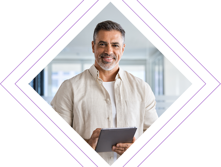 Professional using financial analytics software on tablet in modern office environment.