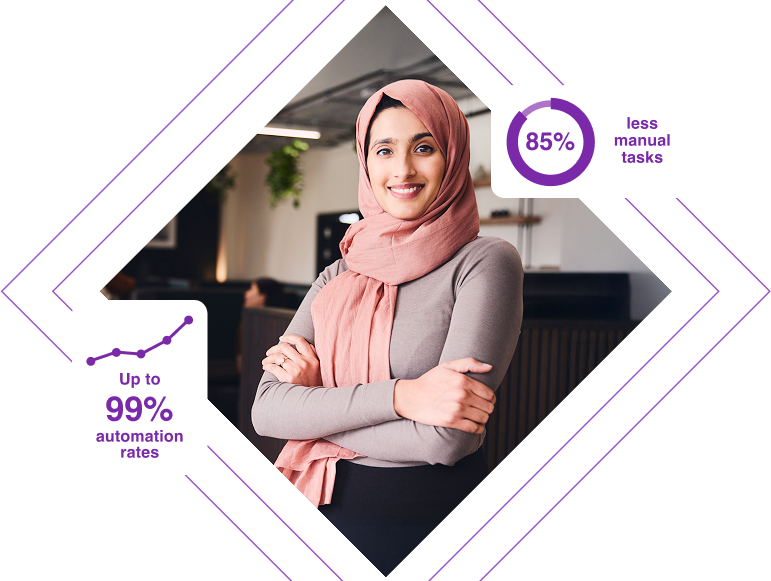 Confident professional with stats showing 99% automation and 85% fewer tasks through accounts receivable automation.